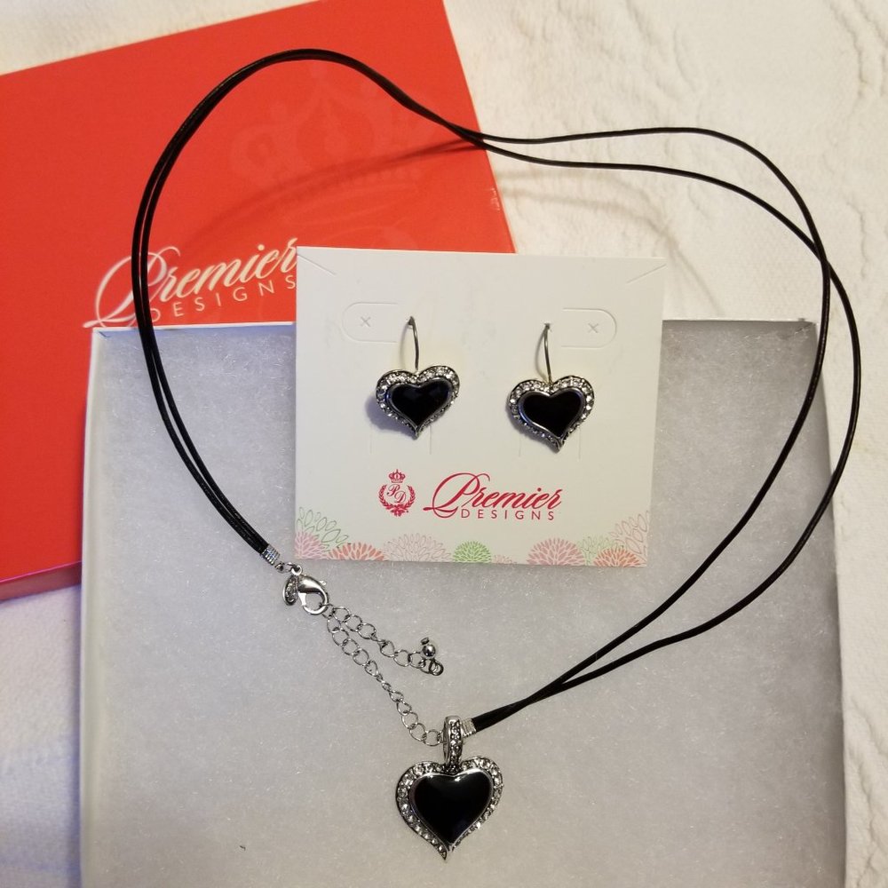 Premier Designs Silver & Black Choker Heart Pendant Necklace and Heart Earrings